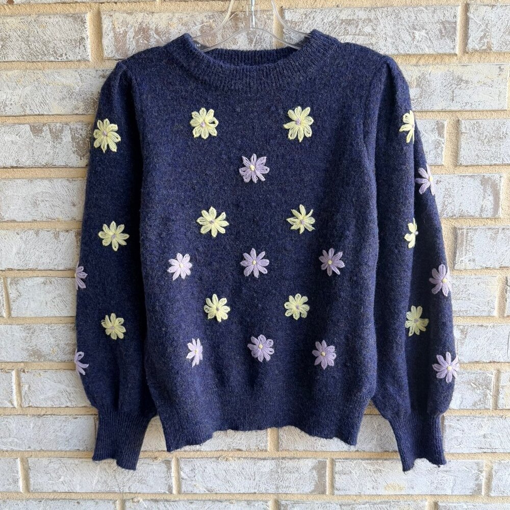 FRNCH Long Sleeve Crew Neck Floral Embroidered Blue Sweater Size S.